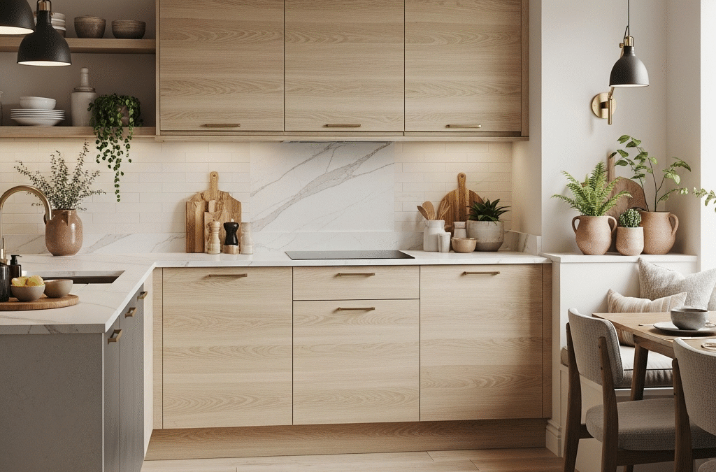 Close-up of a light woodgrain kitchen door with subtle grain patterns in a modern kitchen setting