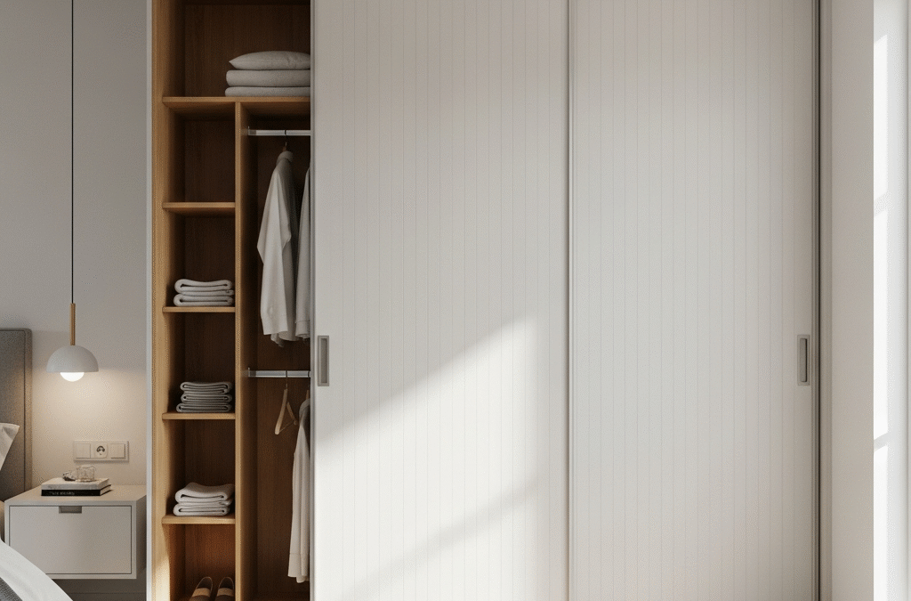 Sliding wardrobe doors in a contemporary bedroom setting.