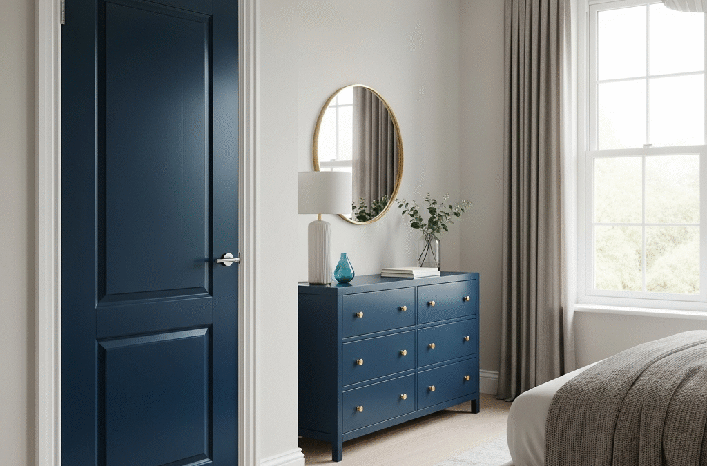 Newly painted bedroom door enhancing the room's decor