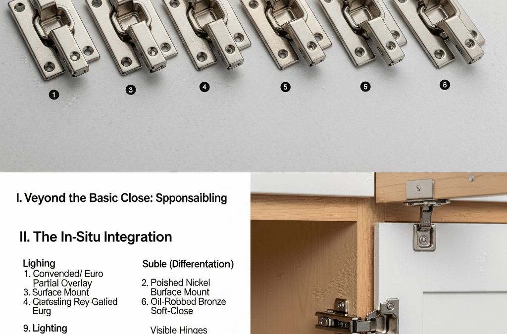 Selection of kitchen cabinet hinges including butt hinges and overlay hinges.