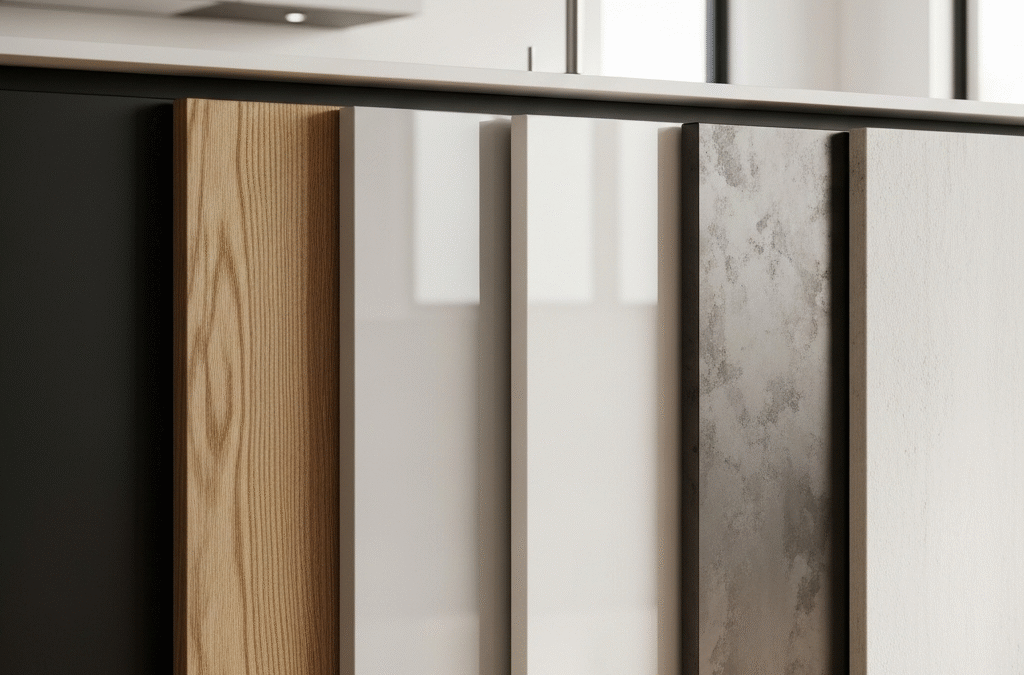 Samples of wood, MDF, and plywood cabinet door materials.