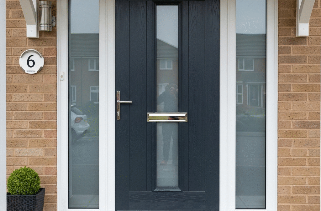 New front door being installed in a home, with visible construction and tools.
