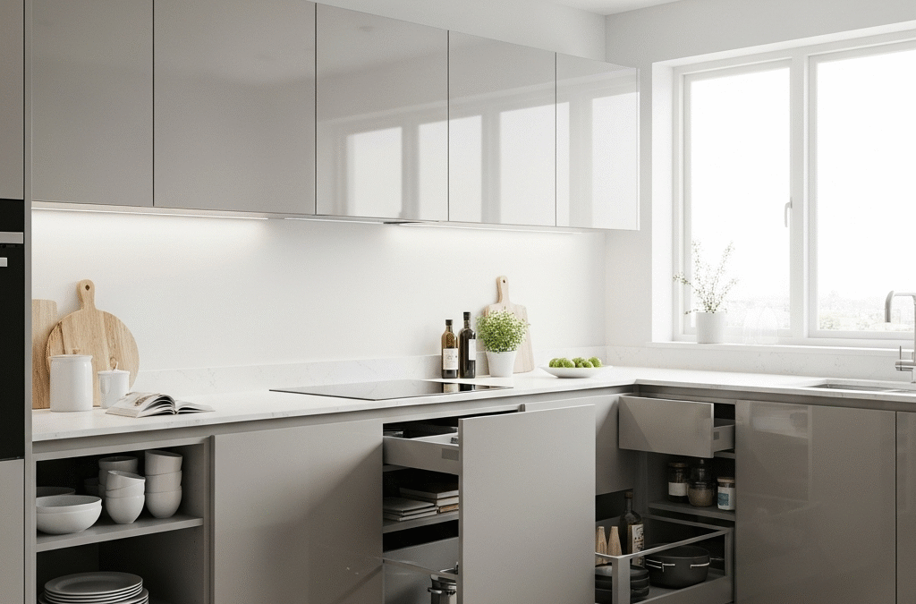 Close-up of a handleless kitchen cabinet door with a push-to-open mechanism.