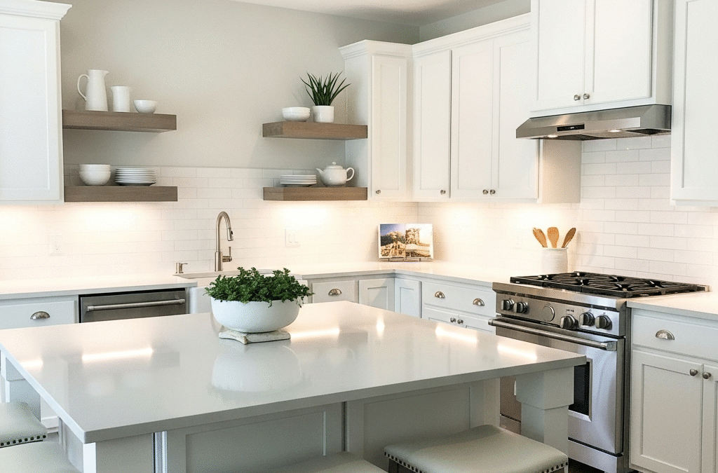 Bright kitchen featuring white shaker style cabinet doors.