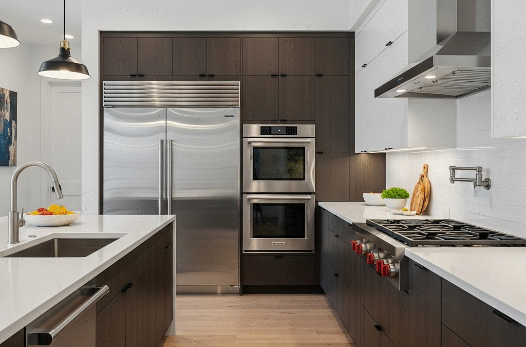Bright, modern kitchen with handleless cabinets and stainless steel appliances.
