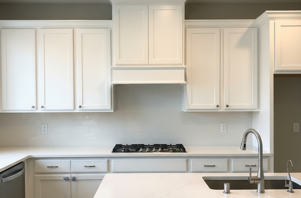 Close-up of newly installed kitchen cabinet doors in a modern kitchen.