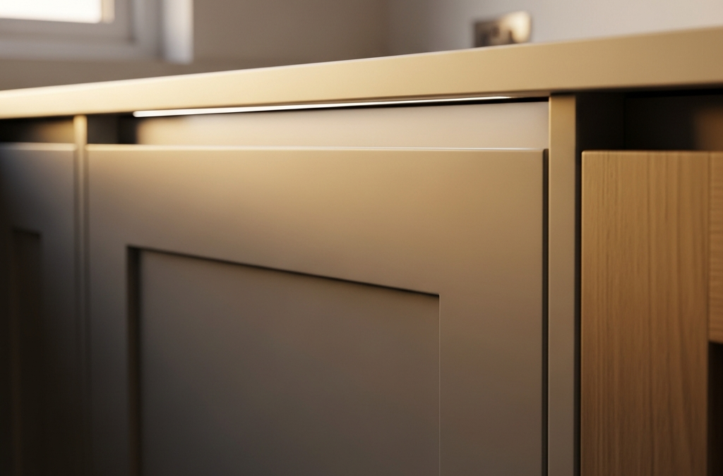 A close-up of a modern grey kitchen cabinet with a newly installed door and a wooden countertop.