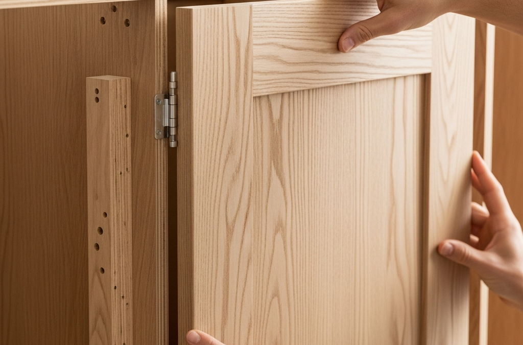 A close-up of a wooden cabinet door being measured and aligned on a modern kitchen cupboard.