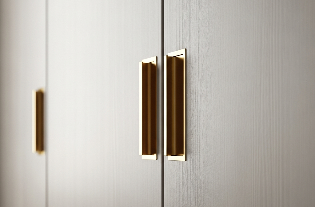 A close-up of modern, sage green wardrobe doors featuring elegant brushed-brass handles.