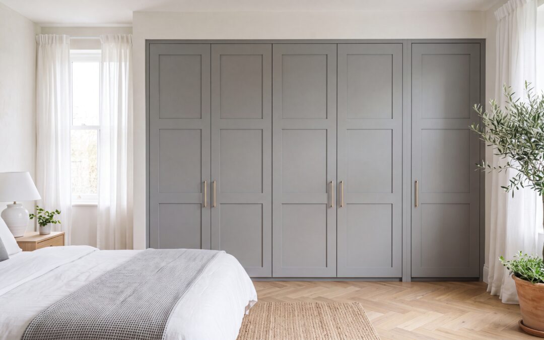 Elegant grey shaker-style wardrobe doors on a built-in wardrobe in a modern, bright bedroom.