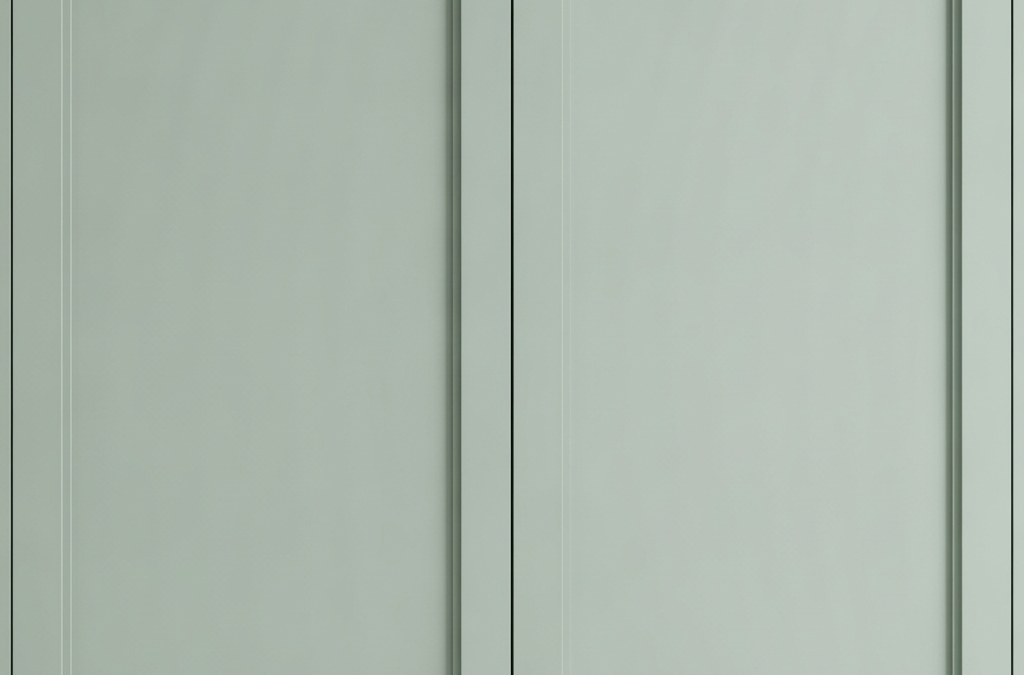 A close-up of elegant sage green Shaker kitchen doors showing the classic five-piece cabinet construction in a modern kitchen.