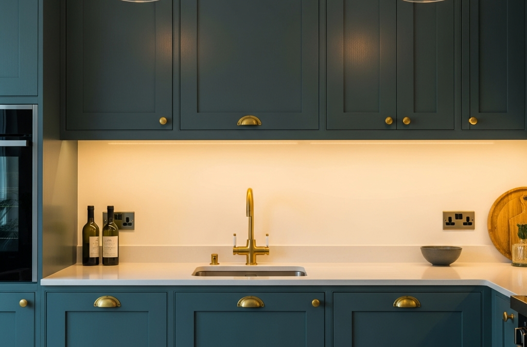 Modern kitchen featuring sophisticated deep teal cabinets with brass handles, marble countertops, and elegant styling.