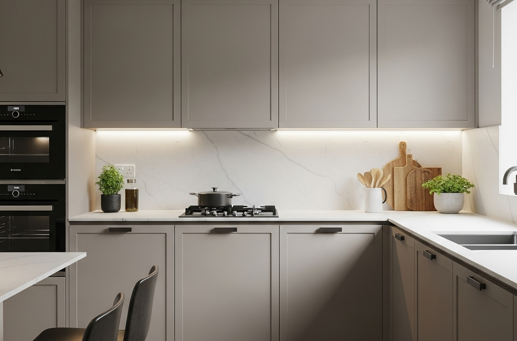 Modern minimalist kitchen cabinetry with sleek handleless doors in a contemporary home