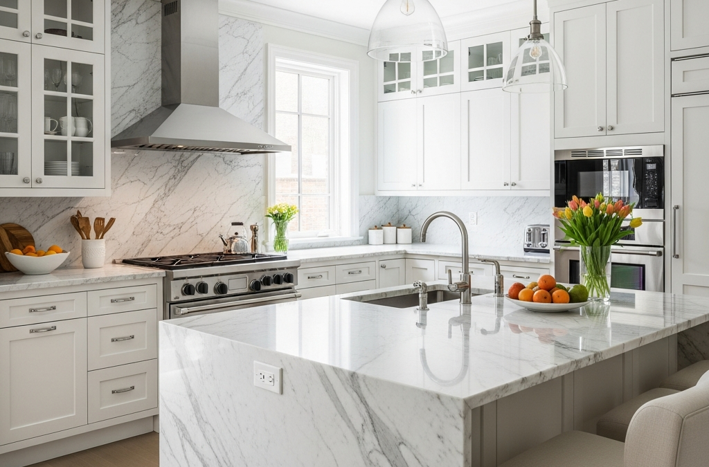 A bright, modern kitchen featuring elegant white cabinets, polished marble countertops, and warm lighting.
