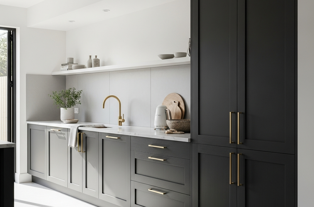 A bright, modern kitchen showcasing newly refurbished dark cabinets with brass handles and marble countertops